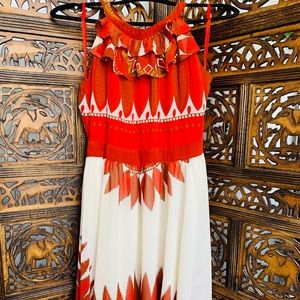 Annabella halter dress with red feather print